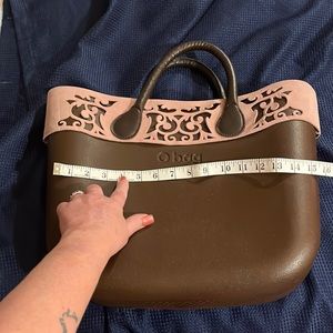Large Brown O bag with suede lace trim and short handles, Italian made.